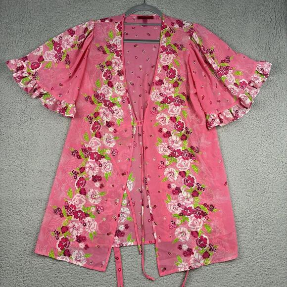 Betsey Johnson Other - Betsey Johnson Intimates Robe XS/S Pink Floral Ruffle Wrap Babydoll Bath Y2K